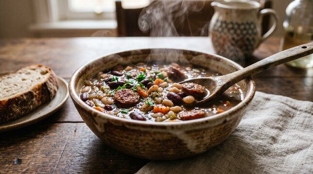 Hearty bean soup with sausage and crusty bread served in a rustic bowl with steam rising
