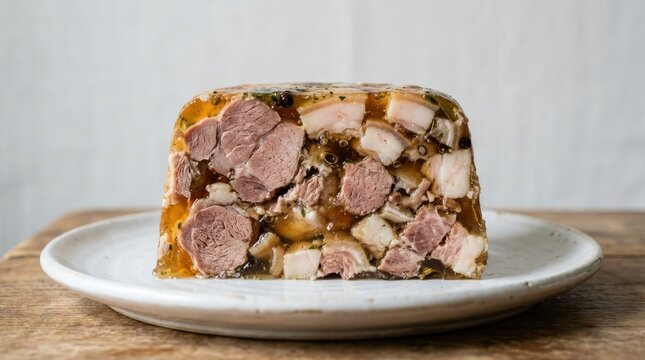 Savory Terrine slice with chunks of pork and gelatin on a white plate