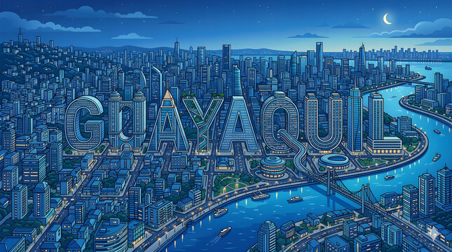 Texto de Guayaquil hecho de edificios en ciudad azul