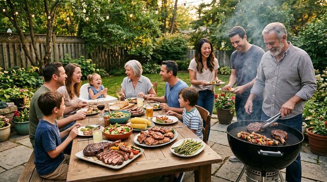 Multi generational family enjoying a summer barbecue dinner outdoors in a backyard setting with grilled food and drinks
