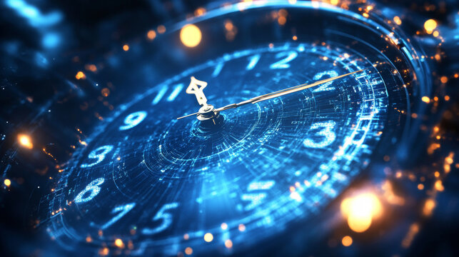 Futuristic glowing blue clock with digital holographic interface and golden bokeh lights background, concept of time, technology and future