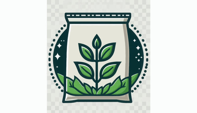 Stylized Seed Bag Illustration with Growing Plant Icon. Hand-Drawn Retro Agriculture Doodle Graphic for Organic Farming Labels and Packaging.