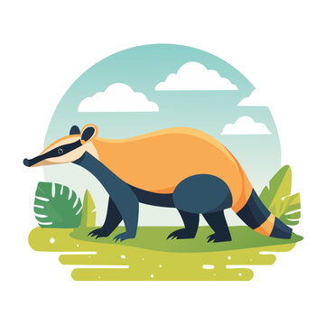 Flat illustration of a coati in a jungle scene