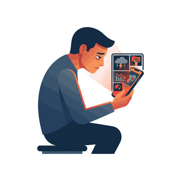 Young man feeling overwhelmed and exhausted while doomscrolling through negative news feeds and stressful content on a smartphone screen