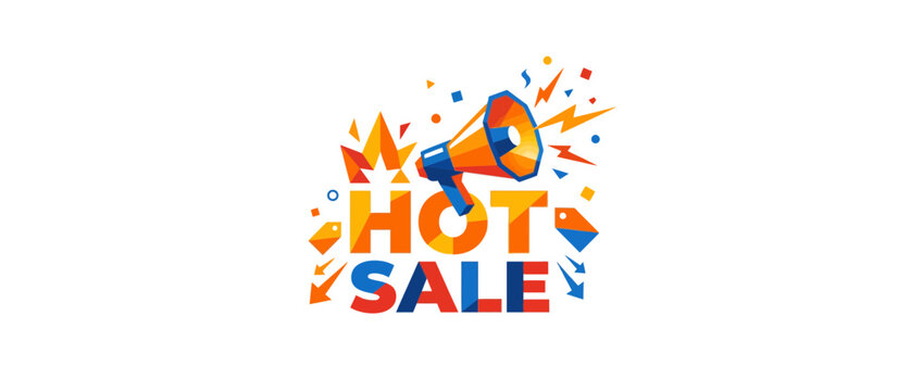 Modern Geometric Hot Sale Typography Illustration with Megaphone and Fire Sparks