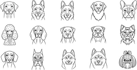 Popular Dog Breed Faces Line Art Vector Set with Labrador, German Shepherd, Poodle, Beagle, Husky, and Bulldog Illustrations © MdMustak