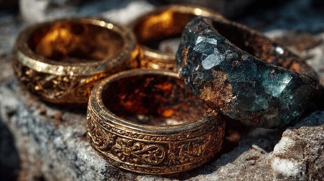 Ancient magical rings amulets and staffs buried in forgotten tombs contain mystical energy arcane knowledge and forbidden powers hidden from humanity for centuries globally