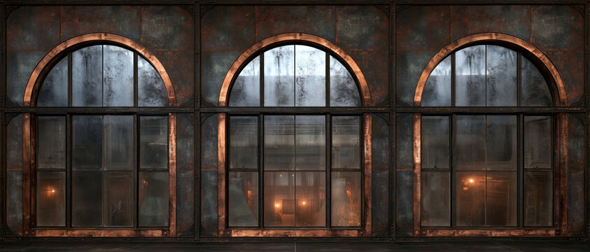 Arched window facade dark metal wall industrial building weathered surface glass panel copper trim urban architecture symmetrical design moody exterior empty interior