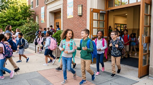 Diverse group of happy elementary school children with backpacks exiting school building