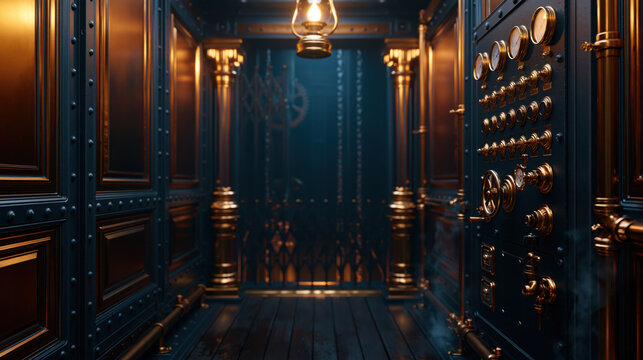 Industrial elevator interior with brass control panel and warm light