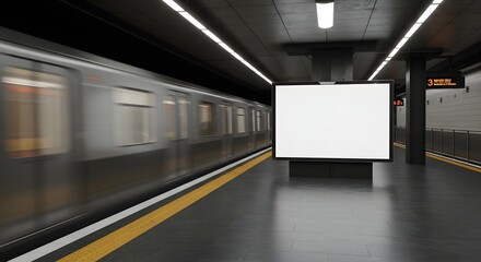 Fototapeta premium Modern Subway Station with Empty Advertising Billboard and Moving Train