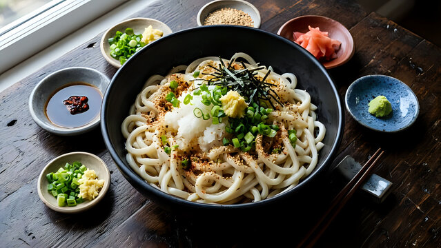 Bowl of cold udon noodles topped with grated daikon radish, ginger, green onions, and nori seaweed, served with various side condiments on a rustic wooden table