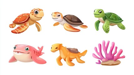 Obraz premium Colorful Cartoon Sea Creatures with Turtle and Coral Illustrations