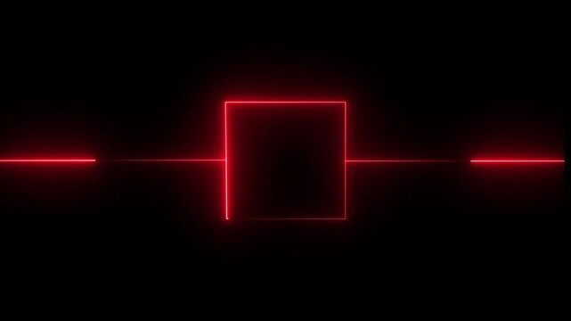 Abstract neon red square frame with glowing horizontal lines on black background