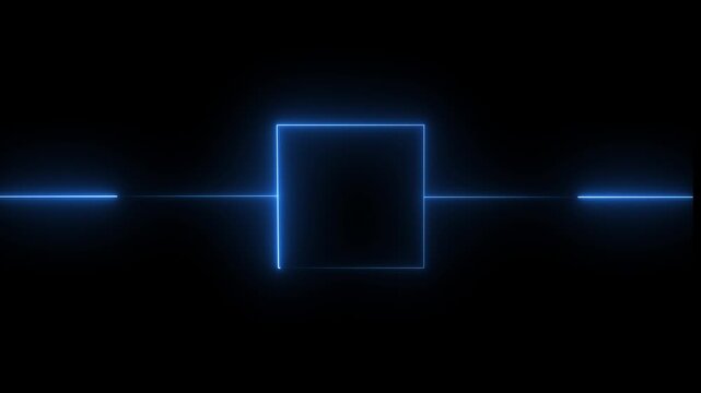 Abstract neon blue square frame with glowing horizontal lines on black background