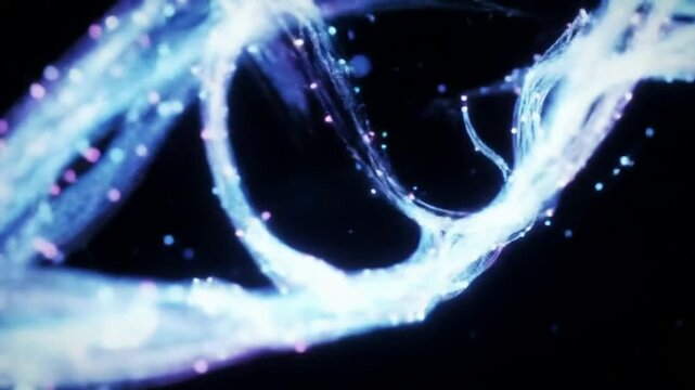 Illuminated Double Helix DNA Strand Constructed from Glowing Fiber Optic Threads Against a Dark Background for Scientific and Biotechnology Visuals