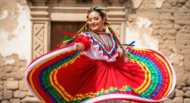 Young mexican woman joyfully dances in vibrant traditional folklorico dress outdoors