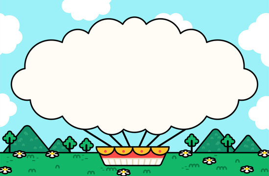 Cute hot air balloon with a cloud-shaped frame floating above a green meadow. Playful cartoon landscape with mountains, flowers, and sky elements for kids designs with blank space for text