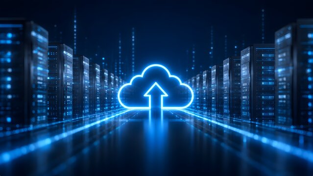 High speed digital cloud data transfer concept with neon upload icon illuminating a futuristic server room with binary code stream