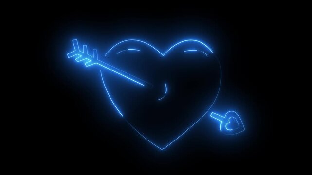 Neon blue glowing heart shape with an arrow piercing through it on a black background
