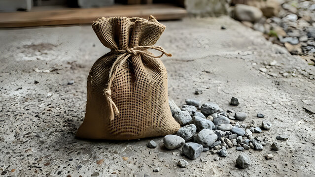 A rustic burlap sack tied with a string sits on a weathered concrete surface next to a pile of scattered grey river stones, creating a natural and textured composition