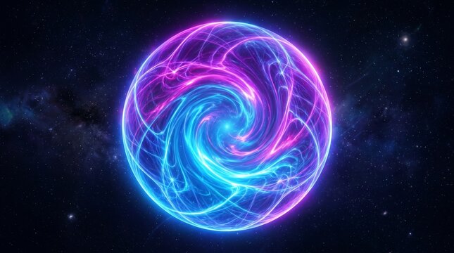 Glowing blue magenta gradient sphere luminous wavy purple 3D ball bright web energy form round smooth glass surface dynamic plasma vortex dark background futuristic sci fi abstract cosmic visual 