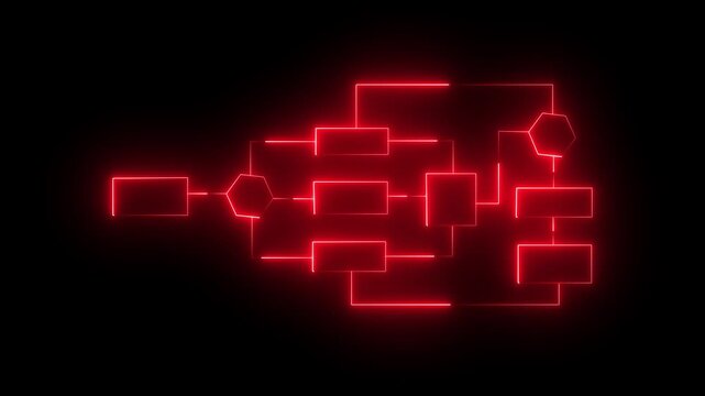 Abstract flowchart diagram with glowing red neon lines on black background