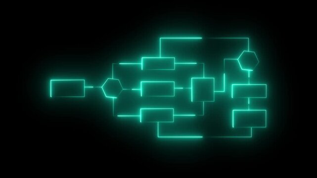 Abstract flowchart diagram with glowing cyan neon lines on black background