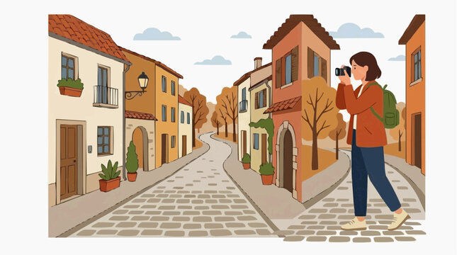 Autumnal Exploration: A solo traveler captures the charm of an old European street lined with quaint buildings and autumn foliage, embarking on a journey of discovery.