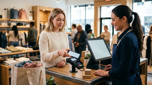 Customer making contactless payment with smartphone at retail store checkout counter with cashier smiling