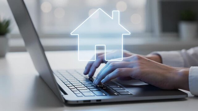 Person typing on laptop with digital house icon representing online real estate and home technology concept