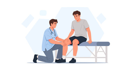 Fototapeta premium Doctor examines patient's knee on examination table, physiotherapy concept