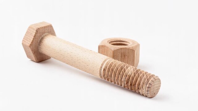 Wooden bolt and nut close up on white background natural material craftsmanship concept