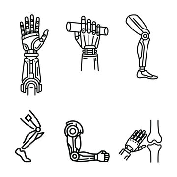 Collection of prosthetic and robotic limb icons featuring bionic arm and leg designs for medical and technological concepts