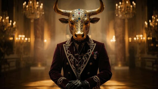 Elegant person wearing ornate bull mask in luxurious vintage ballroom with golden chandeliers