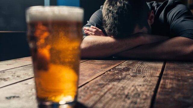 Close up of a pint of beer on wooden table with a man resting his head in the background