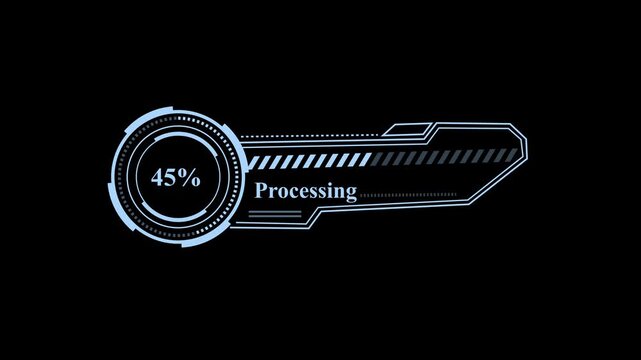 Futuristic progress bar animation with circular loading indicator and digital processing text, technological loading bar in motion with percentage count on black background, sci-fi interface element