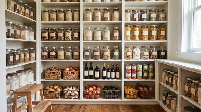 Neatly organized pantry shelves filled with glass jars of grains, pasta, canned goods, and fresh produce