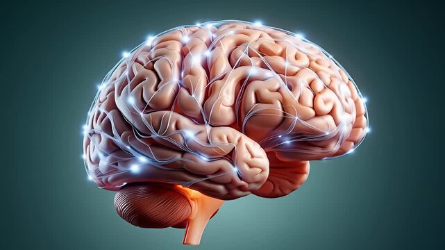 Human brain with neural connections illuminated in a dark background setting