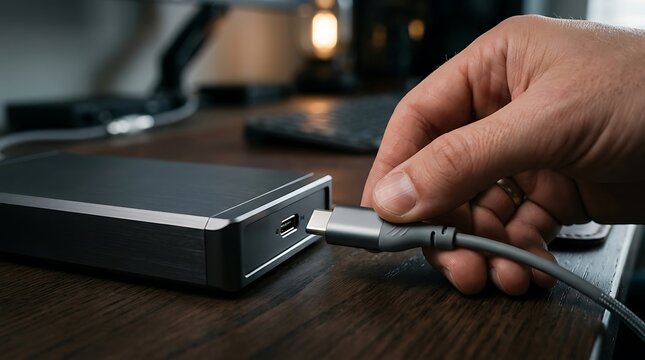 Close up of a hand connecting a USB C cable to an external hard drive on a wooden desk