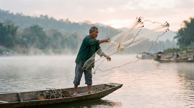 Elderly fisherman casting net at sunrise on serene lake