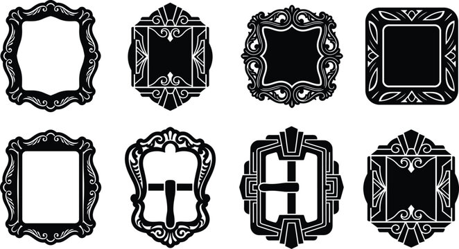Collection of ornate vintage frames and decorative belt buckles in elegant black silhouette style