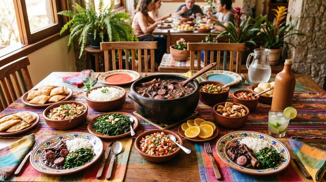 Brazilian Feijoada Feast Served on a Colorful Tablecloth with Family Dining in Background