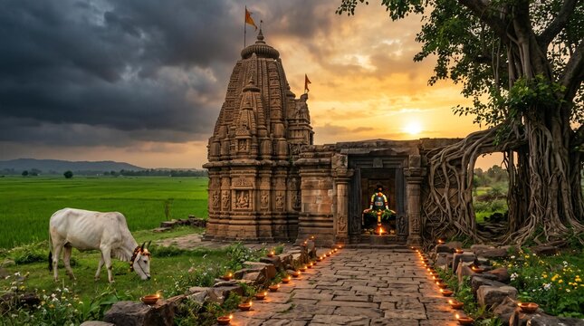 Shiv Temple in Paddy Fields &ndash; Golden Monsoon Sunset