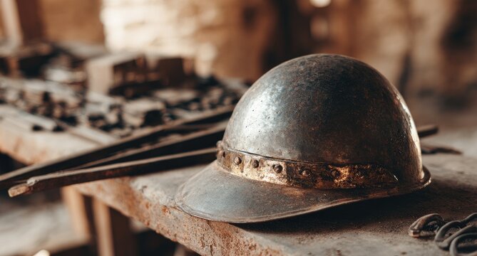 Old, weathered metal helmet on rustic workbench