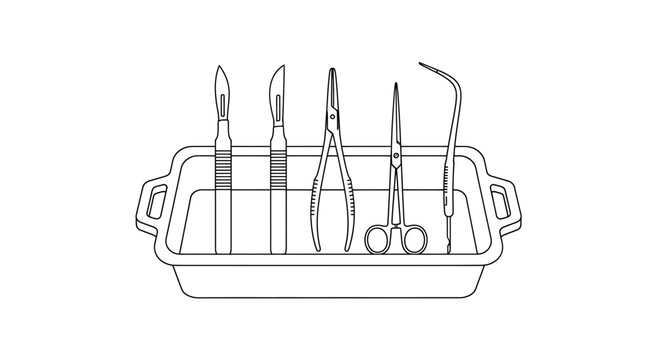 Surgical Instruments in Tray: Scalpels, Forceps, Scissors, Tweezers - Medical Tools