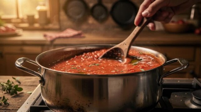 Homemade tomato sauce simmering in a pot with fresh herbs in a cozy kitchen setting