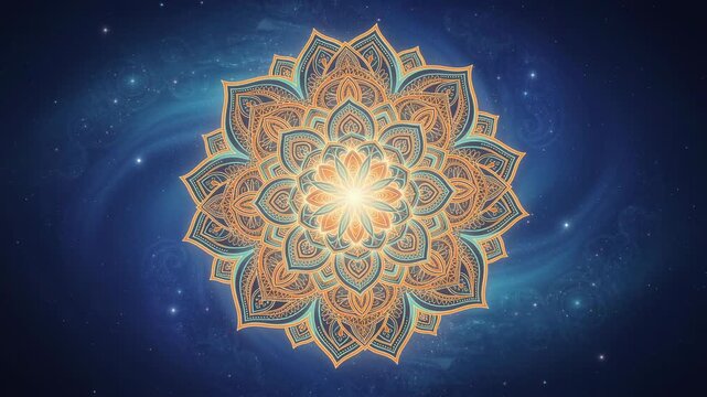 Intricate glowing mandala design with floral patterns against a cosmic starry background for spiritual meditation