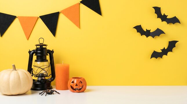 Create hauntingly beautiful Halloween table. Side view tabletop adorned with themed decor, pumpkin, radiant jack-o'-lantern lamps, bats, spider, candle, festive flag garland against yellow backdrop