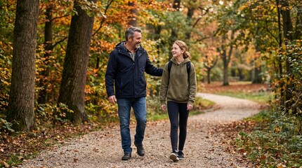 Fototapeta premium Father and Daughter Enjoying an Autumn Walk Through a Forest Path